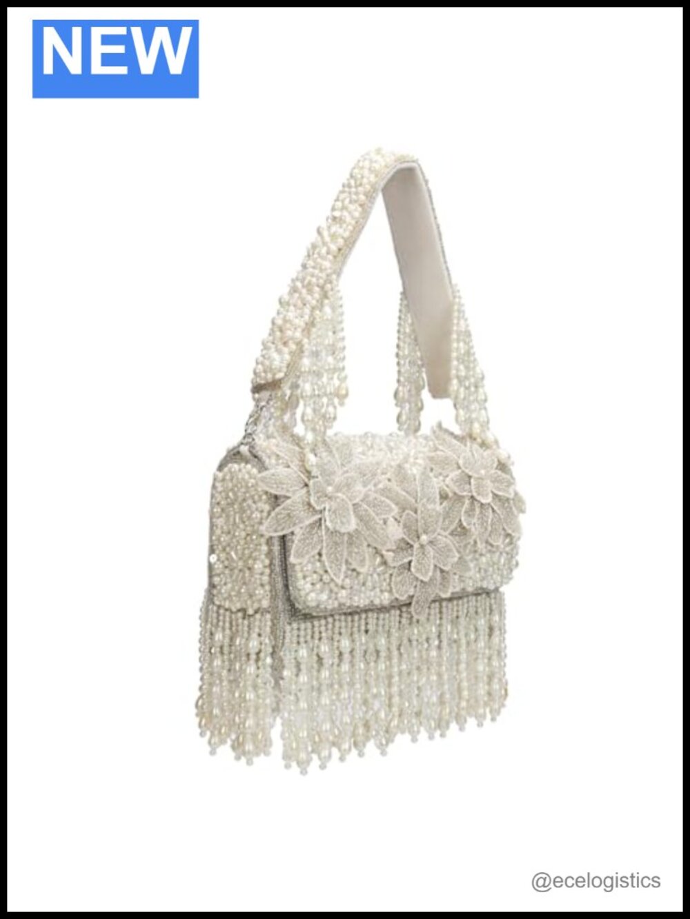 Pearl Beaded Box Clutch Handbag, Floral Embellished with Fringe Tassel, Evening
